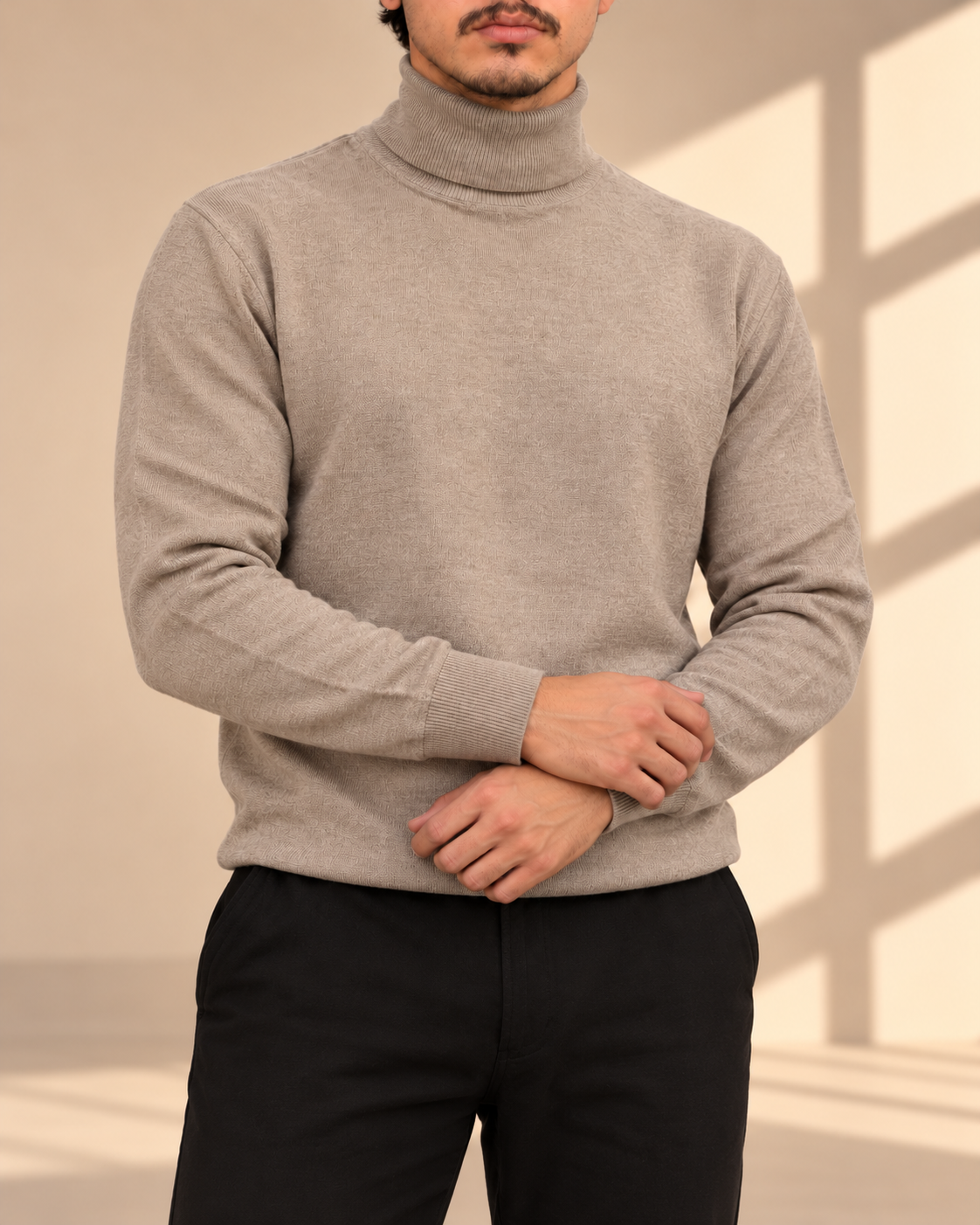 No brand - man - turtleneck - dark cream - front 8 بافت نازک یقه اسکی - تصویر 1